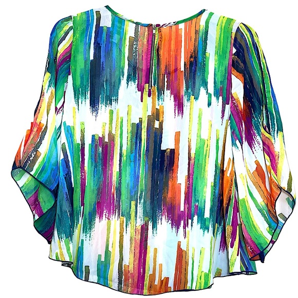 NWT Romeo & Juliet Couture multicolor brushstroke split sleeve semi sheer top L - Picture 7 of 9